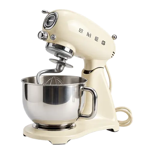Cream Smeg SMF03 stand mixer in 1950s style, with a stainless steel bowl