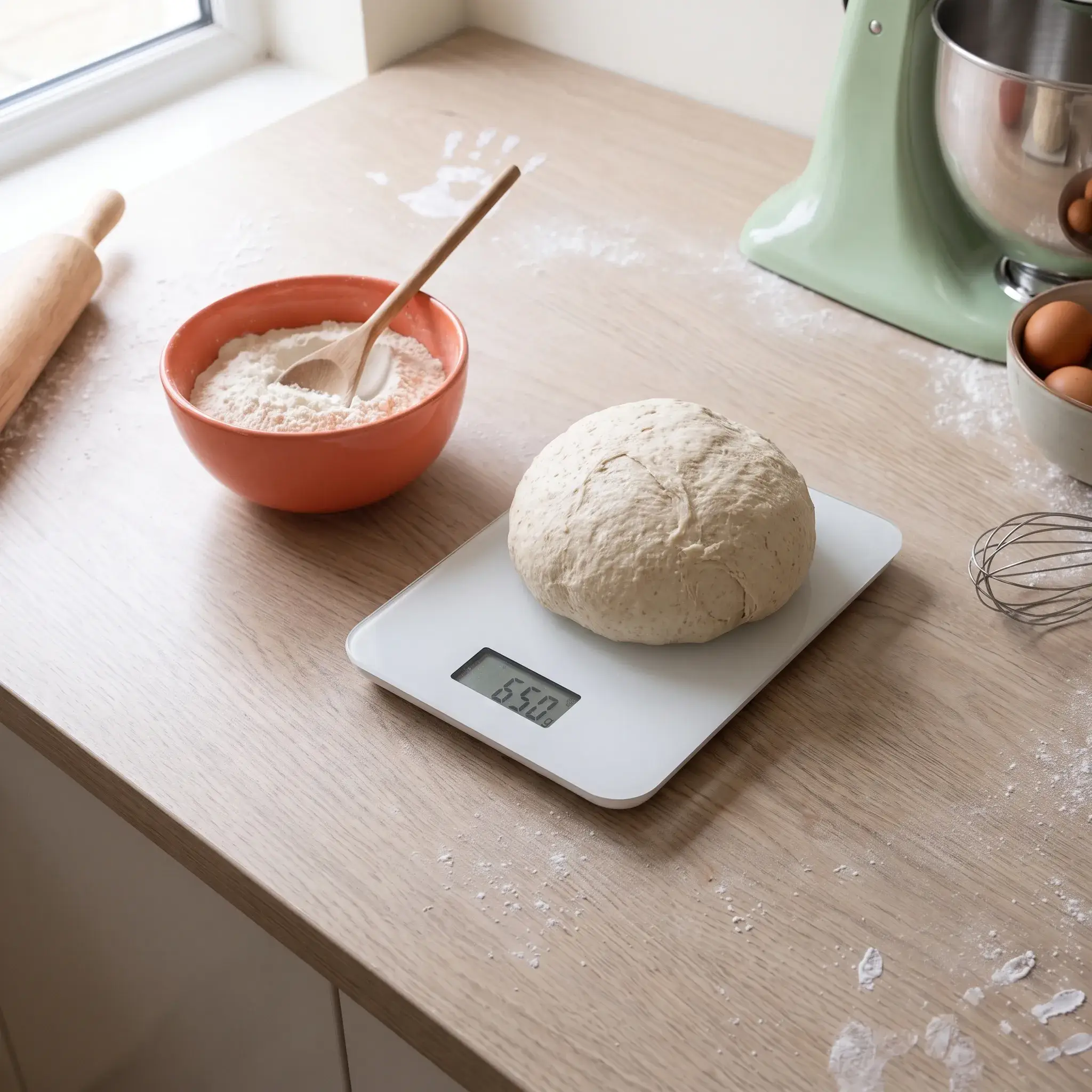 Boule de pâte à pain posée sur une balance de cuisine numérique blanche, à côté d'un bol en céramique corail rempli de farine avec une cuillère en bois, sur un plan de travail en chêne clair fariné