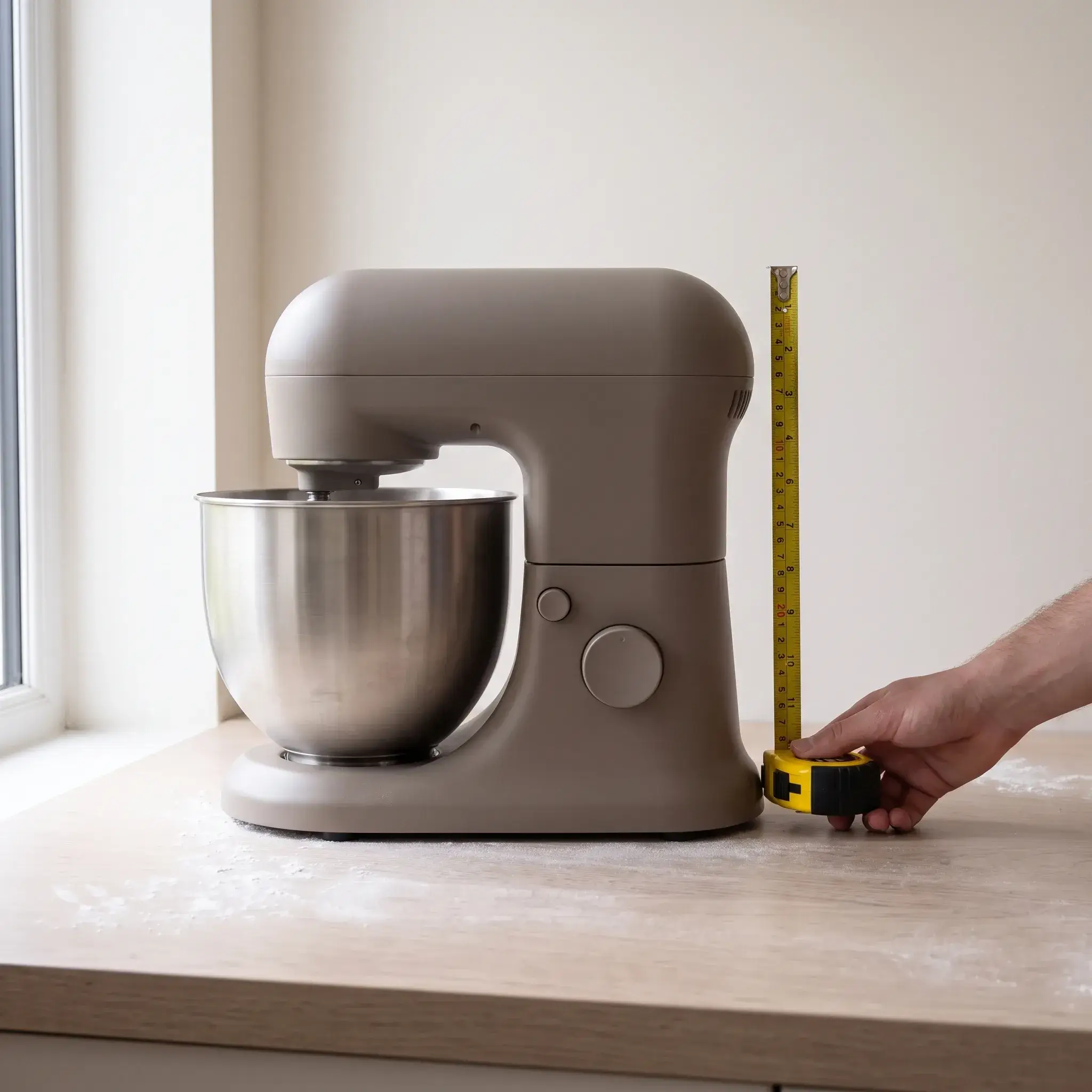 Main tenant un mètre ruban jaune déroulé à la verticale pour mesurer la hauteur d'un robot pâtissier gris taupe sans marque avec bol en inox, sur un plan de travail en chêne clair fariné